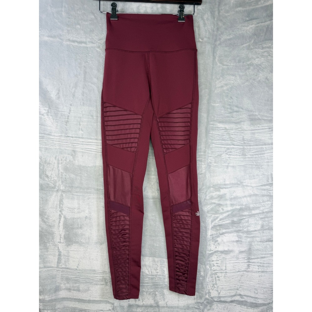 Alo Yoga Moto Leggings Womens XXS Burgundy High Waist Ribbed Mesh Activewear